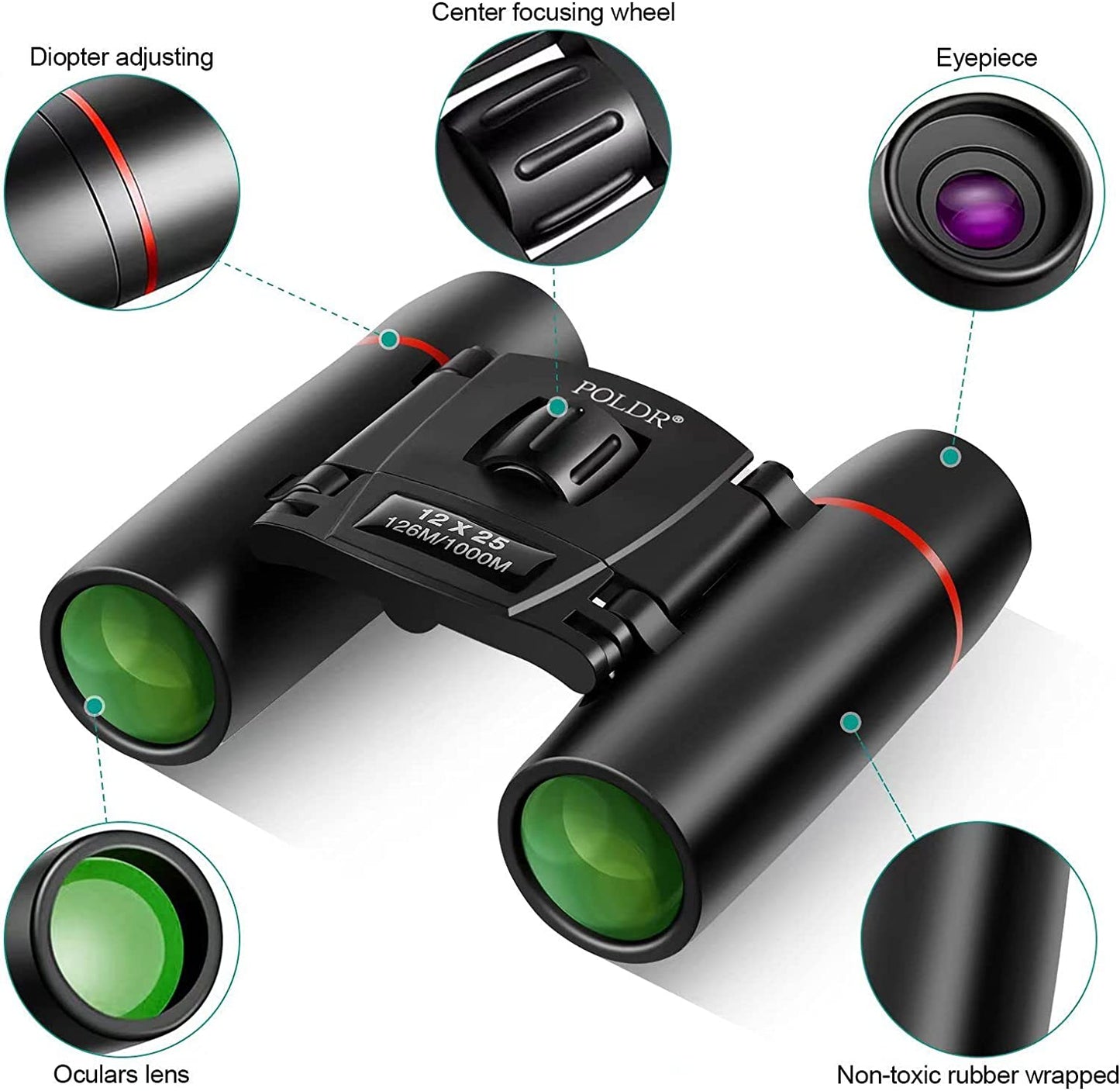 POLDR 12X25 Small Binoculars with Clear Vision, Pocket Binoculars Compact for Adults Theater Concert Opera Travel Bird Watching